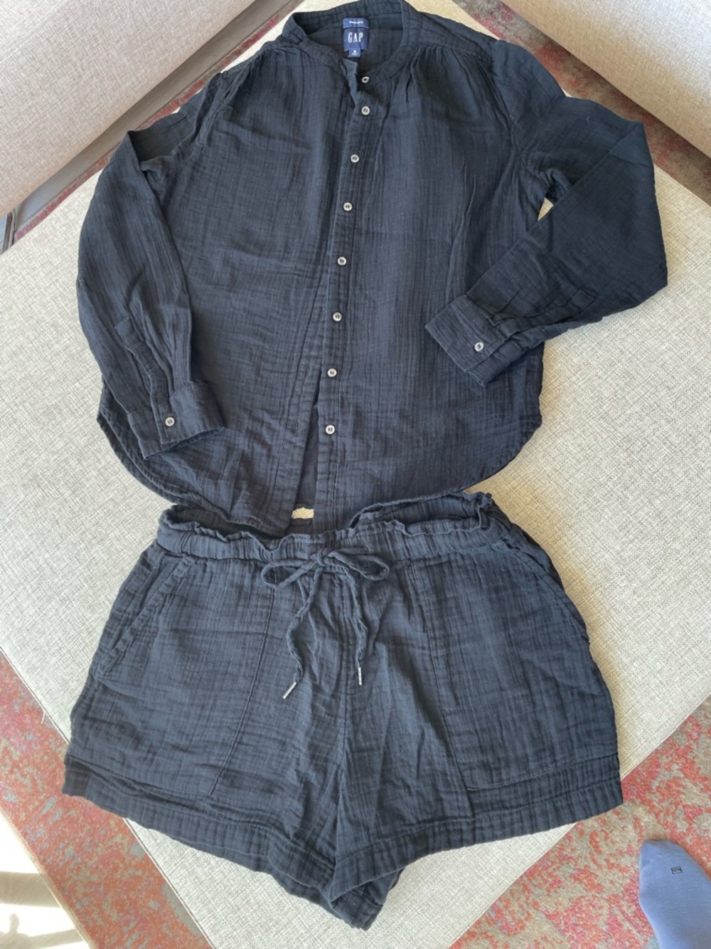 GAP Black Gauze Button-Up Shirt and Drawstring Shorts Set